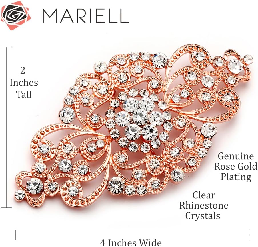 Mariell Vintage Bridal Crystal Brooch Pin, 4" Wide, Rose Gold Wedding Pin, Rhinestone Brooch for Brides and Wedding, Art Deco Fashion Accessory