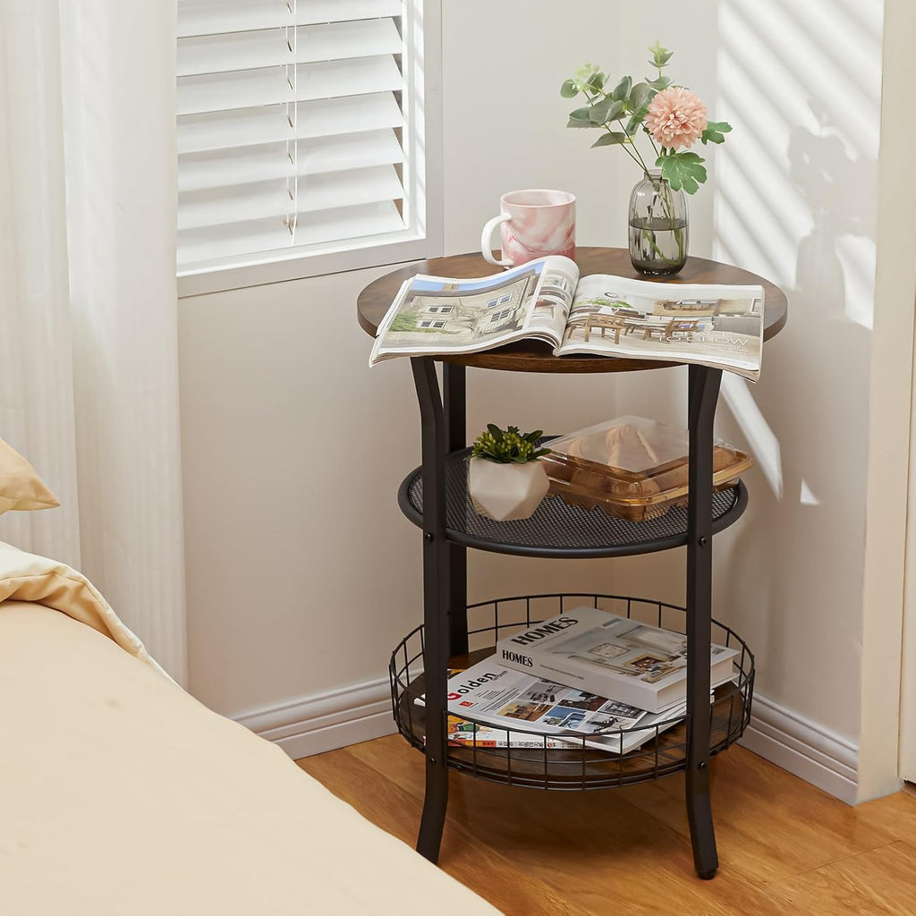 X-cosrack Round Side Table, Industrial Retro End Table with Storage,Coffee Snack Table for Living Room, Bedroom,Kitchen,Office,Stable Wood and Metal Frame,Rustic Brown
