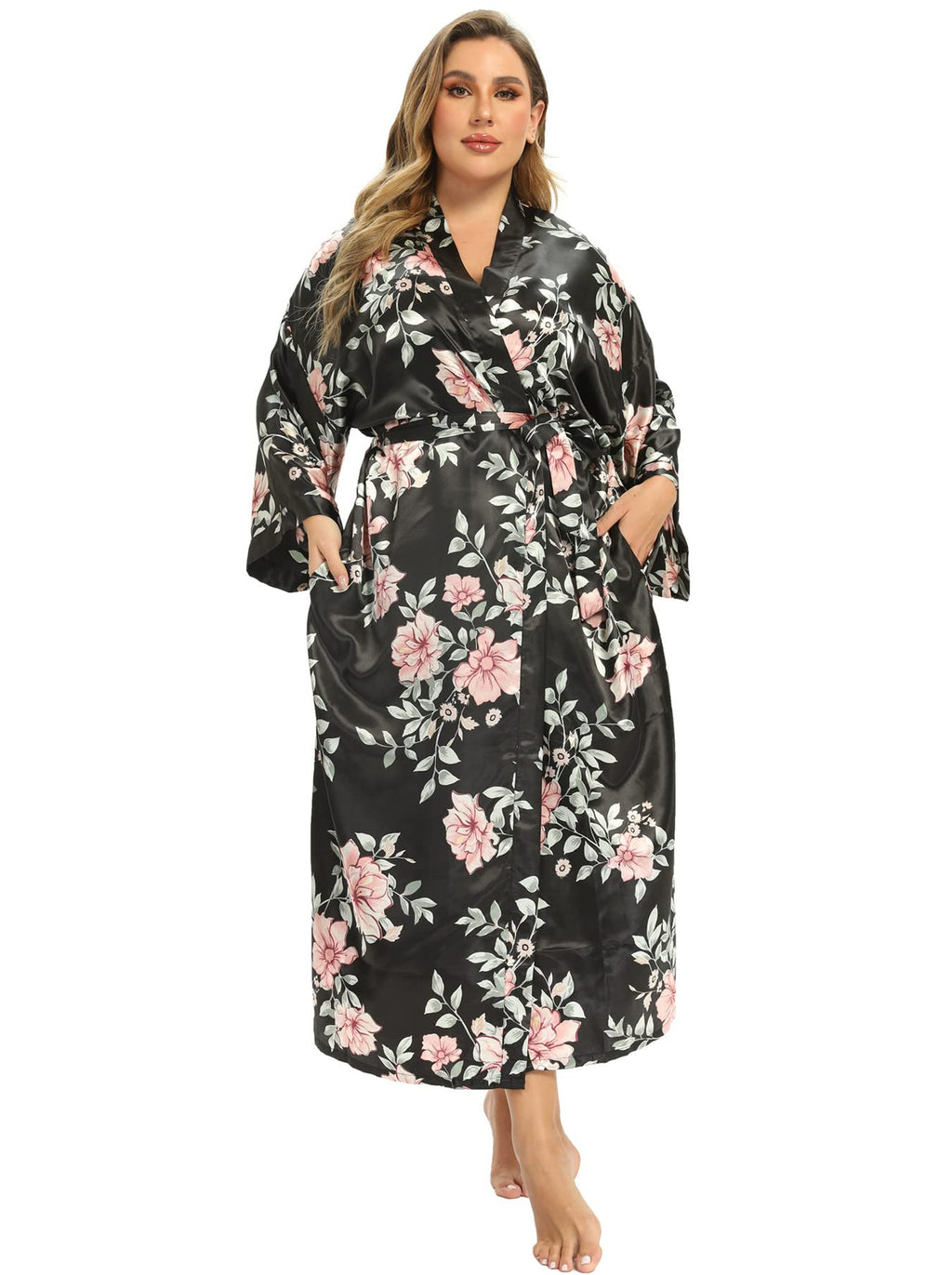 Women's Floral Long Satin Robes Plus Size Long Silk Robes Peacock Floral Kimonos Sleepwear Dressing Gown