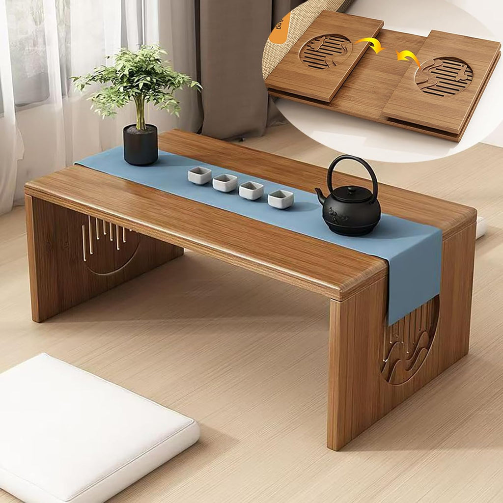 Folding Coffee Table Bamboo Foldable Japanese Floor Table No Assembly, Solid Wood Japanese Coffee Table Low Tea Table for Sitting on The Floor, Home Office, Meditation & Tea Ceremony (Easy Storage)