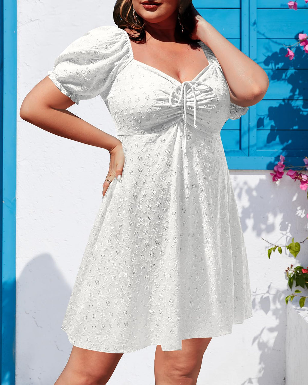 Pinup Fashion White Plus Size Dress Women Summer Eyelet Graduation Casual Short Puff Sleeve A Line Baby Doll Cute Mini Dresses