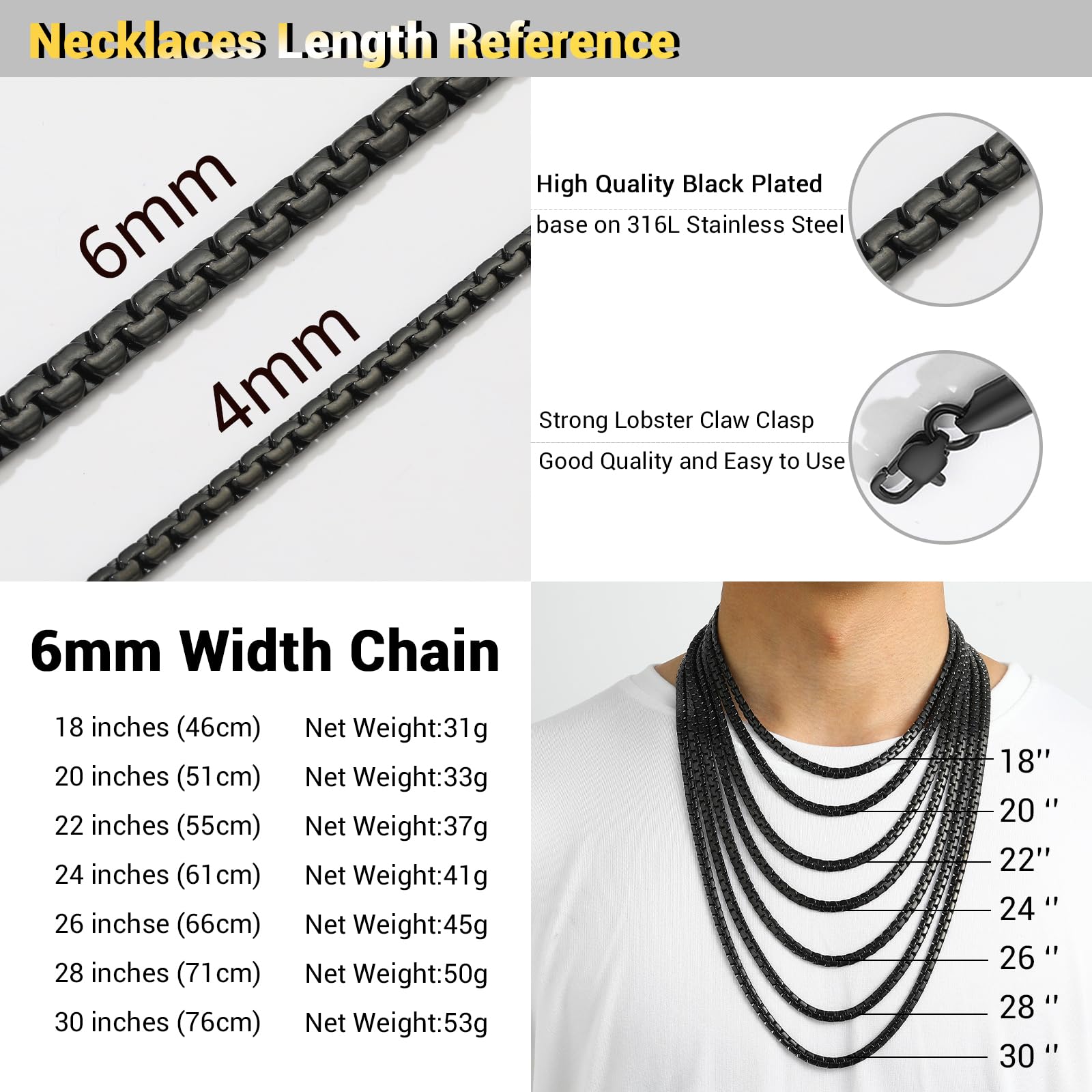 PROSTEEL Stainless Steel Chain Necklace Men Jewelry 24inch Trendy Chains Necklaces for Him Rapper Chain Black Necklace