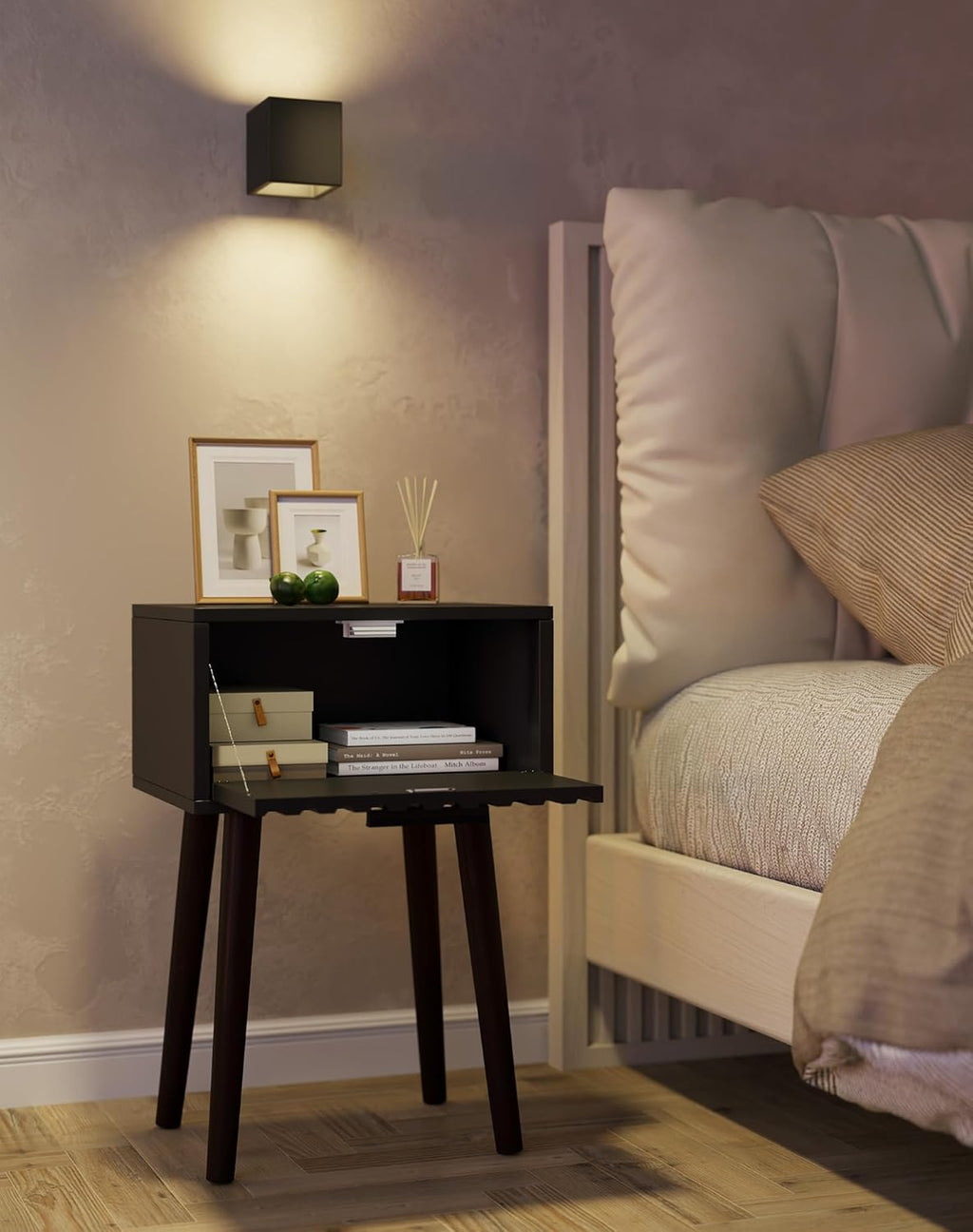 YMYNY Fluted Nightstand Set of 2, Small End Table, Modern Coffee Table with Drawer, Solid Wood Legs, Retaining Chain, 13.8" x 10.6" x 20.9", for Bedroom and Small Spaces, Black UHST014B-2