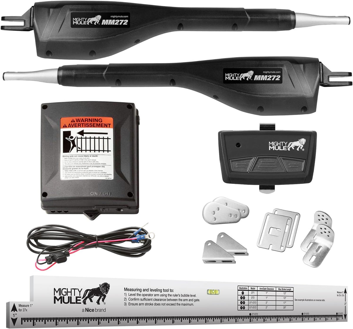 Mighty Mule Gate Opener, Solar Ready, Automatic Gate Opener for Dual Swing Gates up to 300lb or 12ft, with Precision Installation Ruler, Upgraded Kit, MM272-A