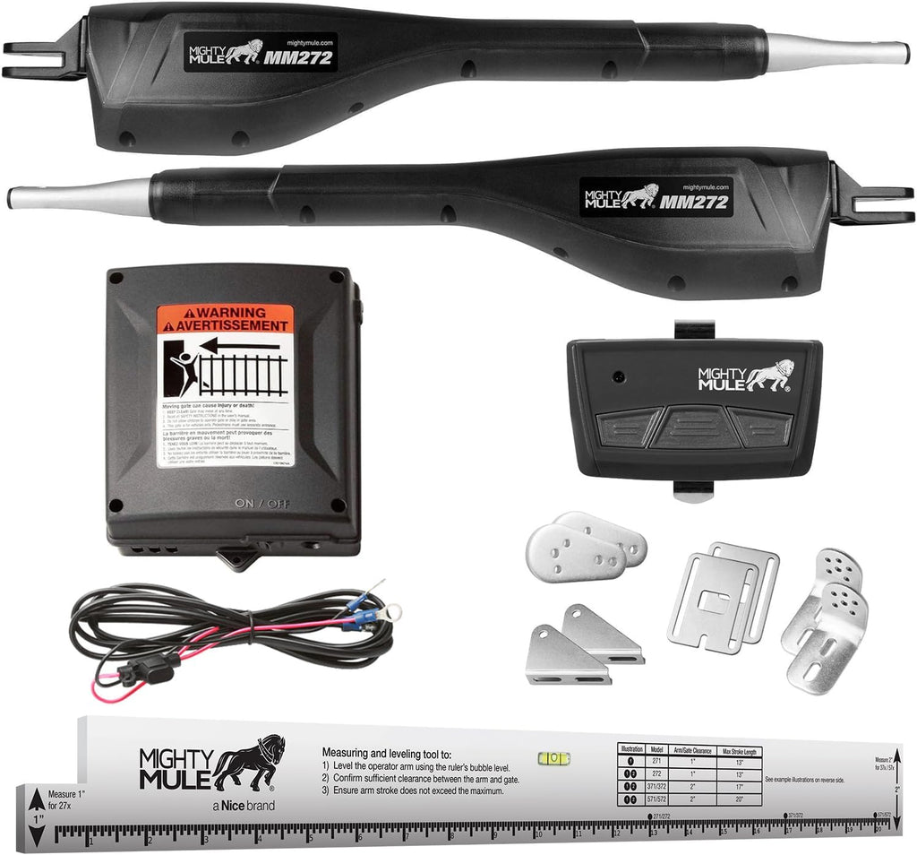 Mighty Mule Gate Opener, Solar Ready, Automatic Gate Opener for Dual Swing Gates up to 300lb or 12ft, with Precision Installation Ruler, Upgraded Kit, MM272-A