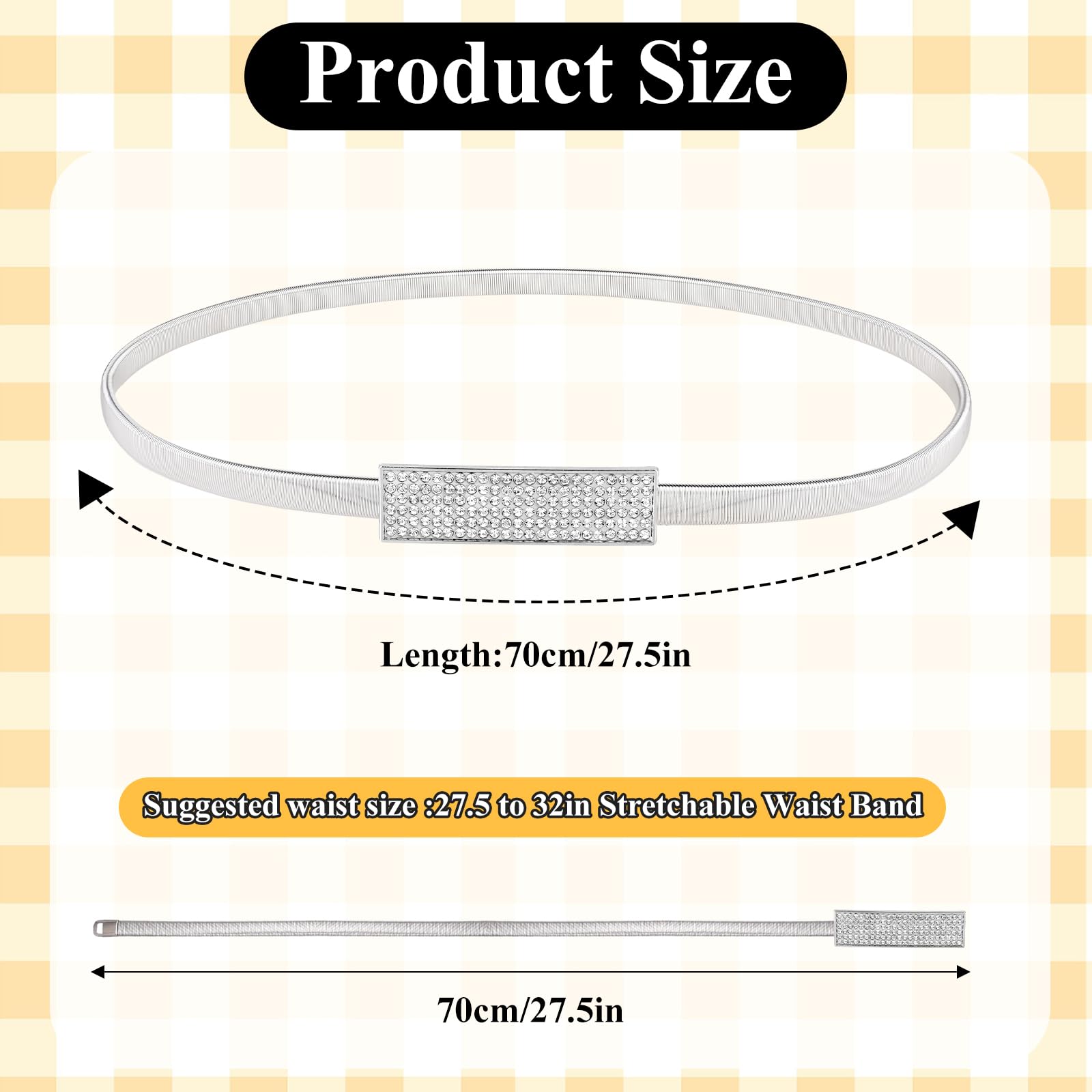 Women Skinny Metal Waist Belt Elastic Metal Chain Waist Belt Fashion Rhinestone Dress Belts for Dress, Sliver