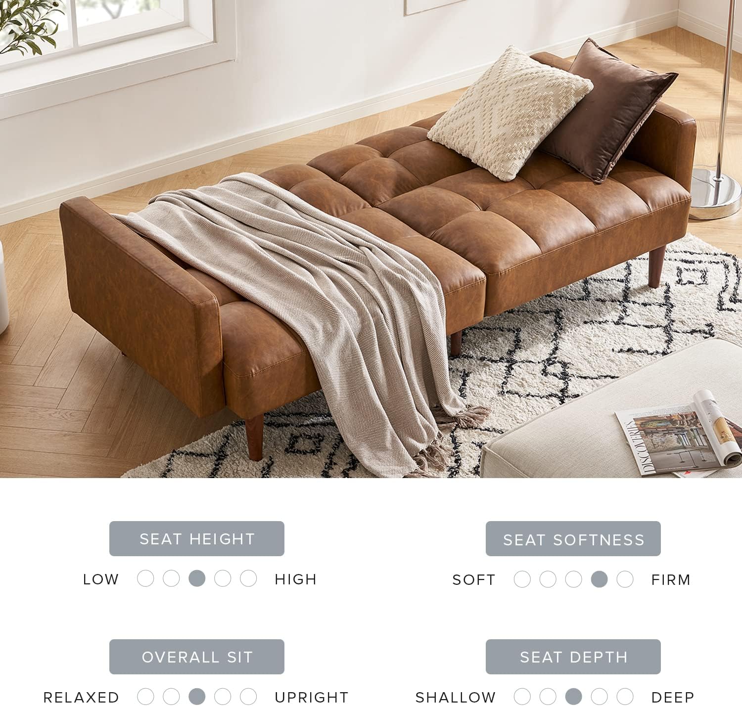 mopio Aaron 76.8" Couch, Small Futon Sofa Bed, Sleeper, Loveseat, Mid Century Modern Futon Couch, Sofa Cama, Couches for Living Room, Bedroom (Pecan Brown, Faux Leather)