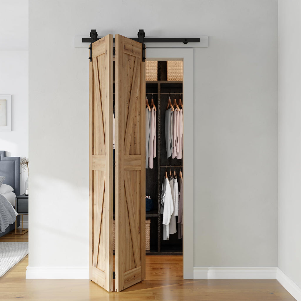 SMARTSTANDARD 3.3ft/40 Bi-Folding Sliding Barn Door Hardware Kit, Bifold Barn Door Hardware Heavy Duty Sturdy Side Mounted for 2 Doors -Smoothly and Quietly-Easy to Install, Fit 36'' Doors, No Doors
