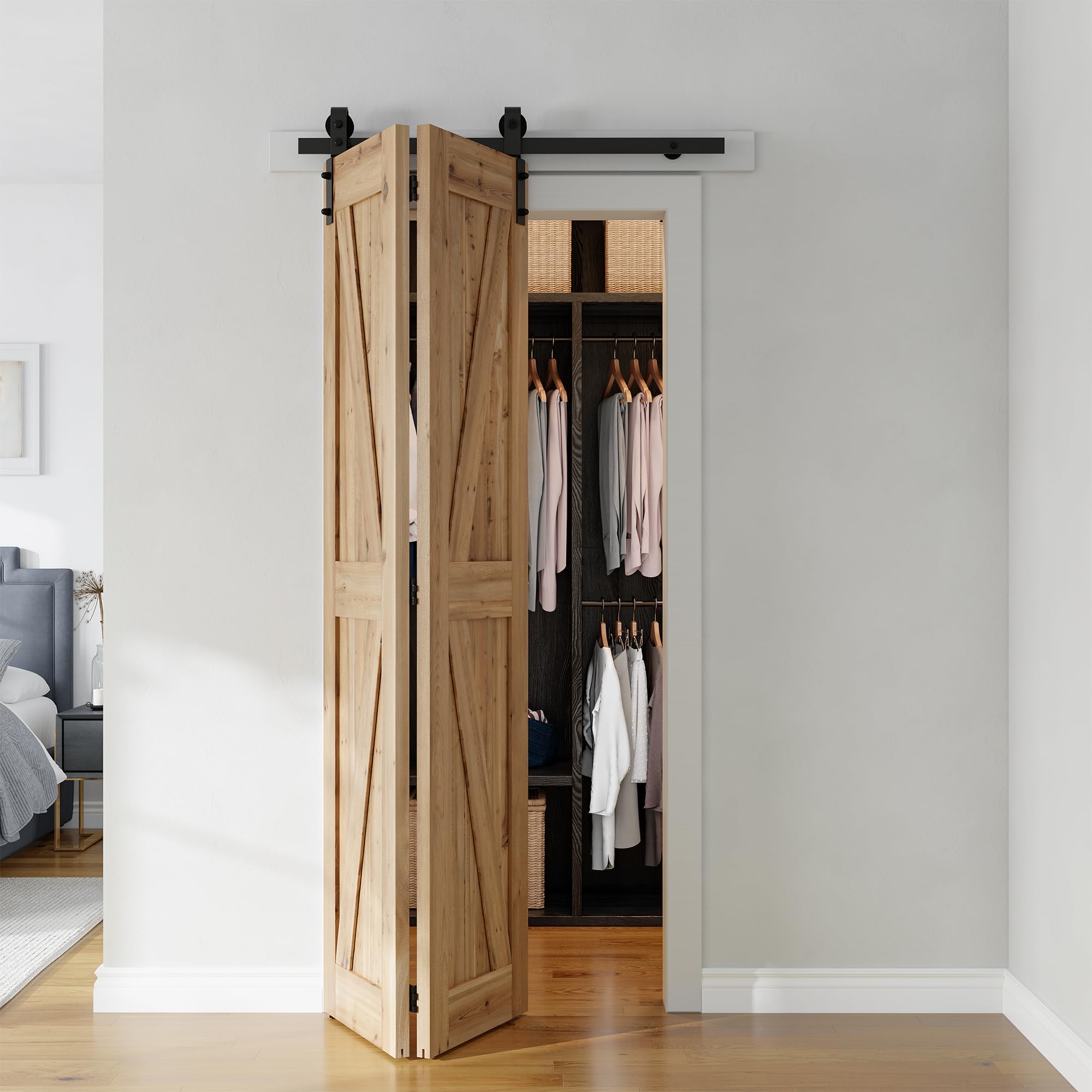 SMARTSTANDARD 3.3ft/40 Bi-Folding Sliding Barn Door Hardware Kit, Bifold Barn Door Hardware Heavy Duty Sturdy Side Mounted for 2 Doors -Smoothly and Quietly-Easy to Install, Fit 36'' Doors, No Doors