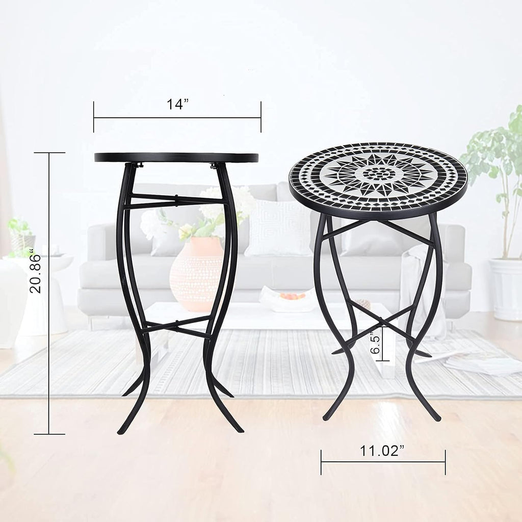 Vipush Mosaic Patio Side Table Outdoor Accent Table Bistro Coffee Table Plant Stand Indoor Folding Round End Table for Small Porch Balcony Backyard,Black