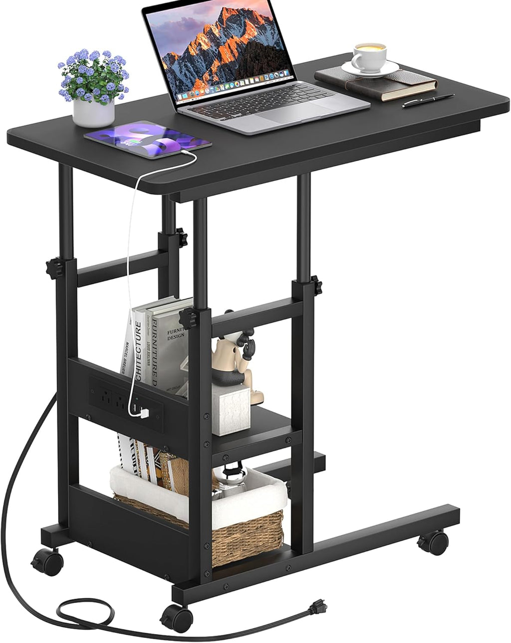 Height Adjustable End Table with Charging Station, Mobile C Shaped Laptop Side Table with Wheels, 3-Tier Sofa Couch Table with Storage Shelve for Living Room Bedroom, Black
