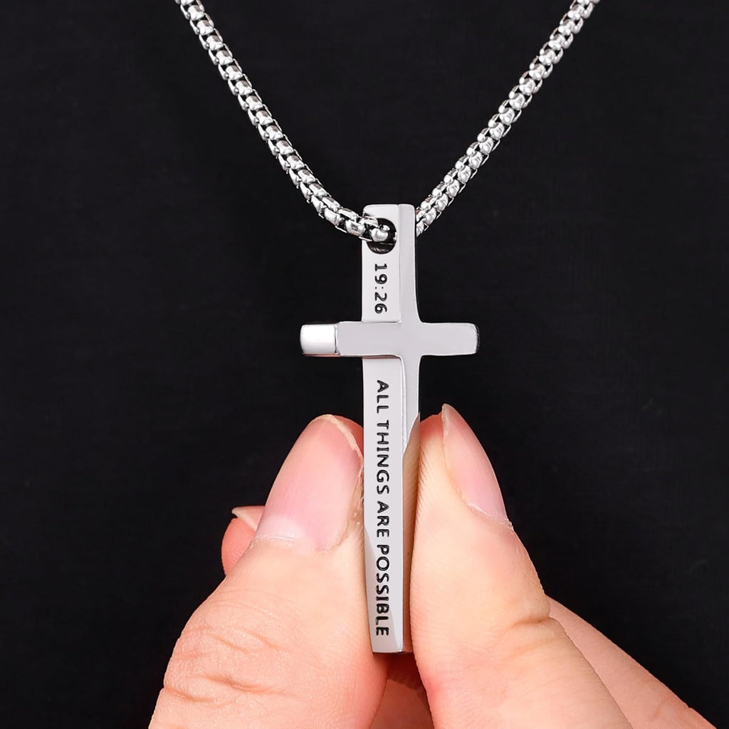 Fiusem Cross Necklace for Men, Inspirational Bible Verse Cross Chain for Men, Stainless Steel Box Necklace