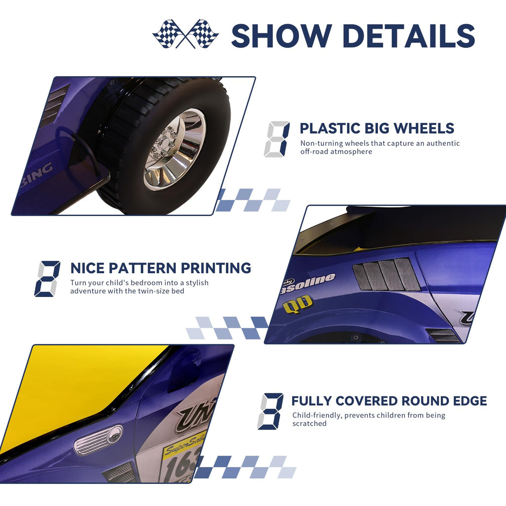 HMFULE Twin racerbilseng, trærammeseng med hjul, LED-lys og lamelsupport til børn, småbørn, teenagere, drenge, ingen boxmadras nødvendig, blå