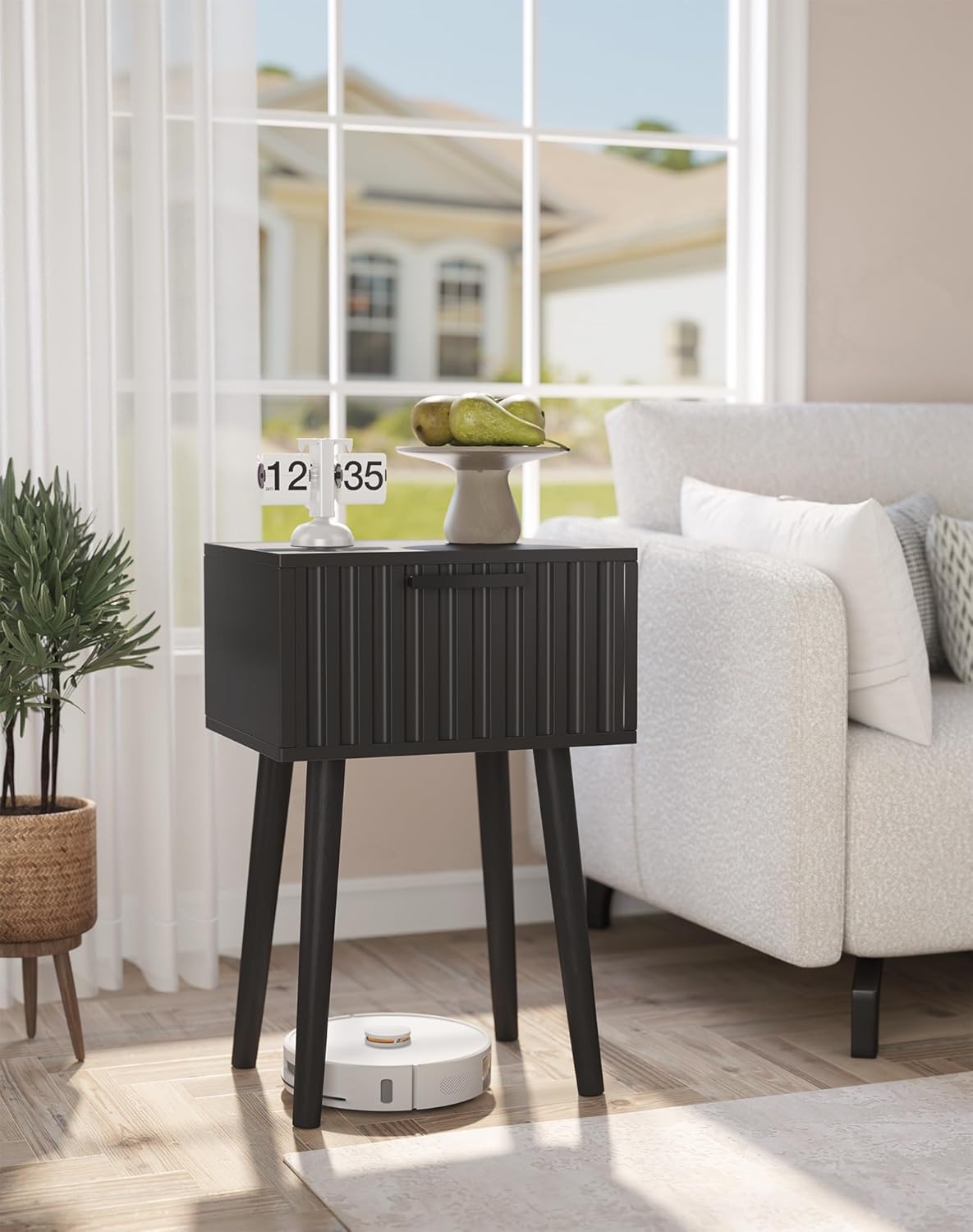 YMYNY Fluted Nightstand Set of 2, Small End Table, Modern Coffee Table with Drawer, Solid Wood Legs, Retaining Chain, 13.8" x 10.6" x 20.9", for Bedroom and Small Spaces, Black UHST014B-2