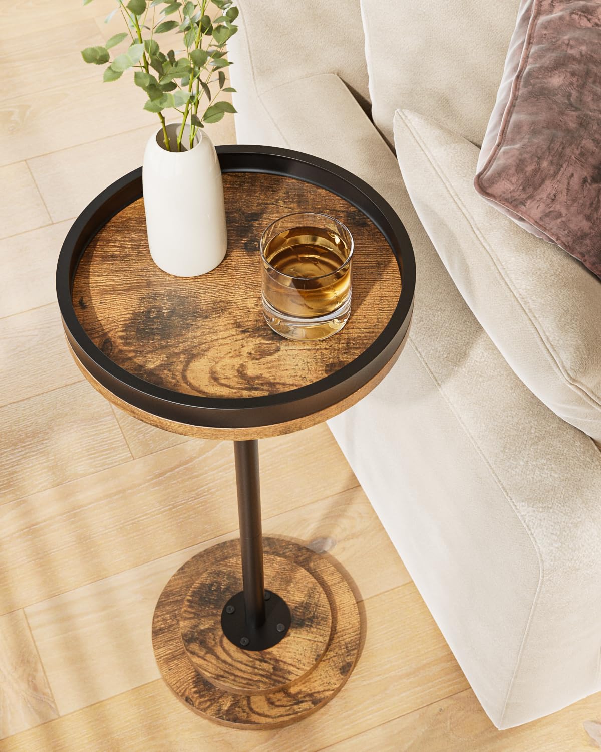 Masupu Drink Table, Round Side Table for Small Spaces, Pedestal Side Table, Small End Table with Metal Base, for Living Room, Bedroom, Bathroom, White