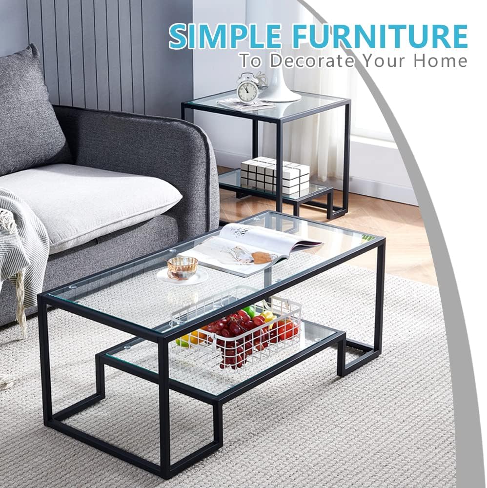 Black Metal Glass Coffee Table - Simple Center Coffee Table for Living Room Home, Metal Frame Coffee Table with 2 Shelves,Modern Table for Bedroom, Dinning Room,Office Decor