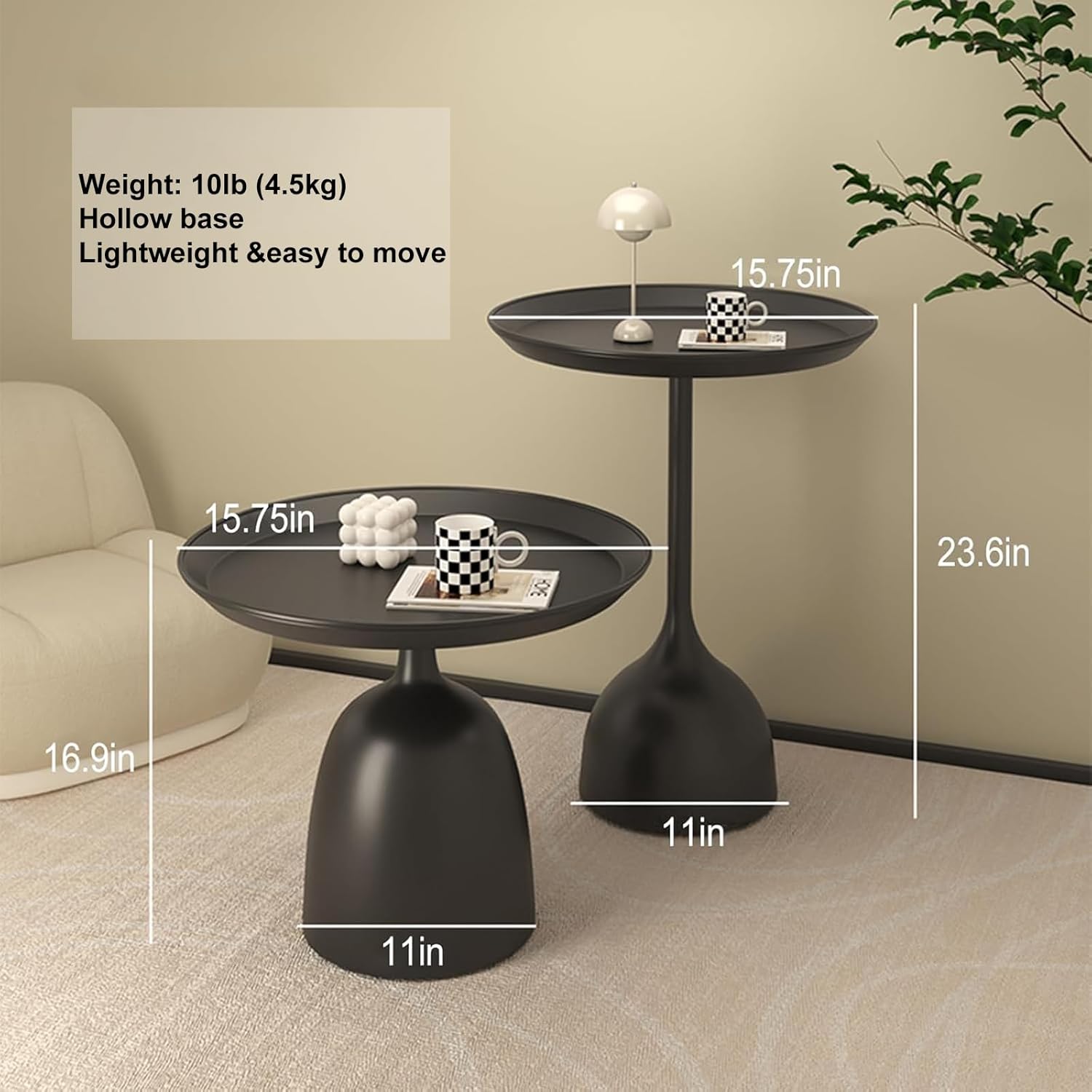 Side Coffee Table Set, Living Room Small Round End Table, Metal Nesting Tables Pedestal Tables Sofa Side and Bedside Console Table, Matt Black (Black)