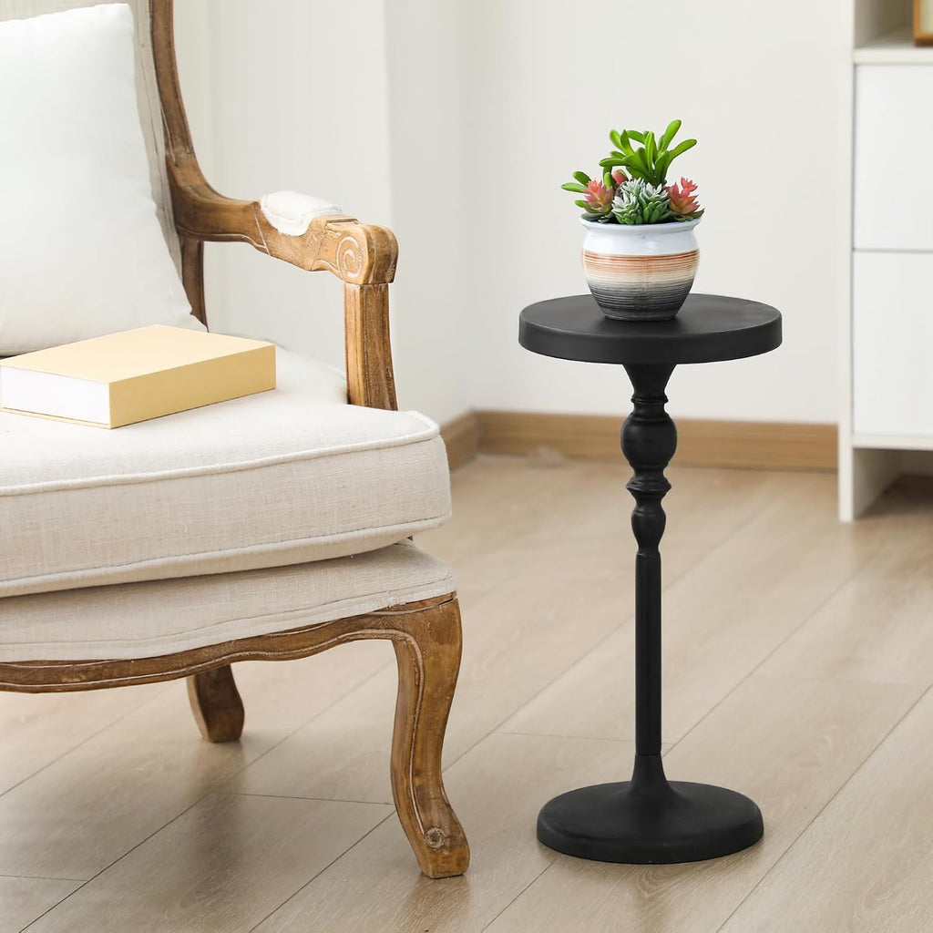Black Metal Martini Table 9.5 x 9.5 x 20.5 Inches Round Drink Tables Decorative Pedestal Side Desk for Small Spaces Cocktail Drink Holder Stand Small End Shelf for Living Room Bedroom