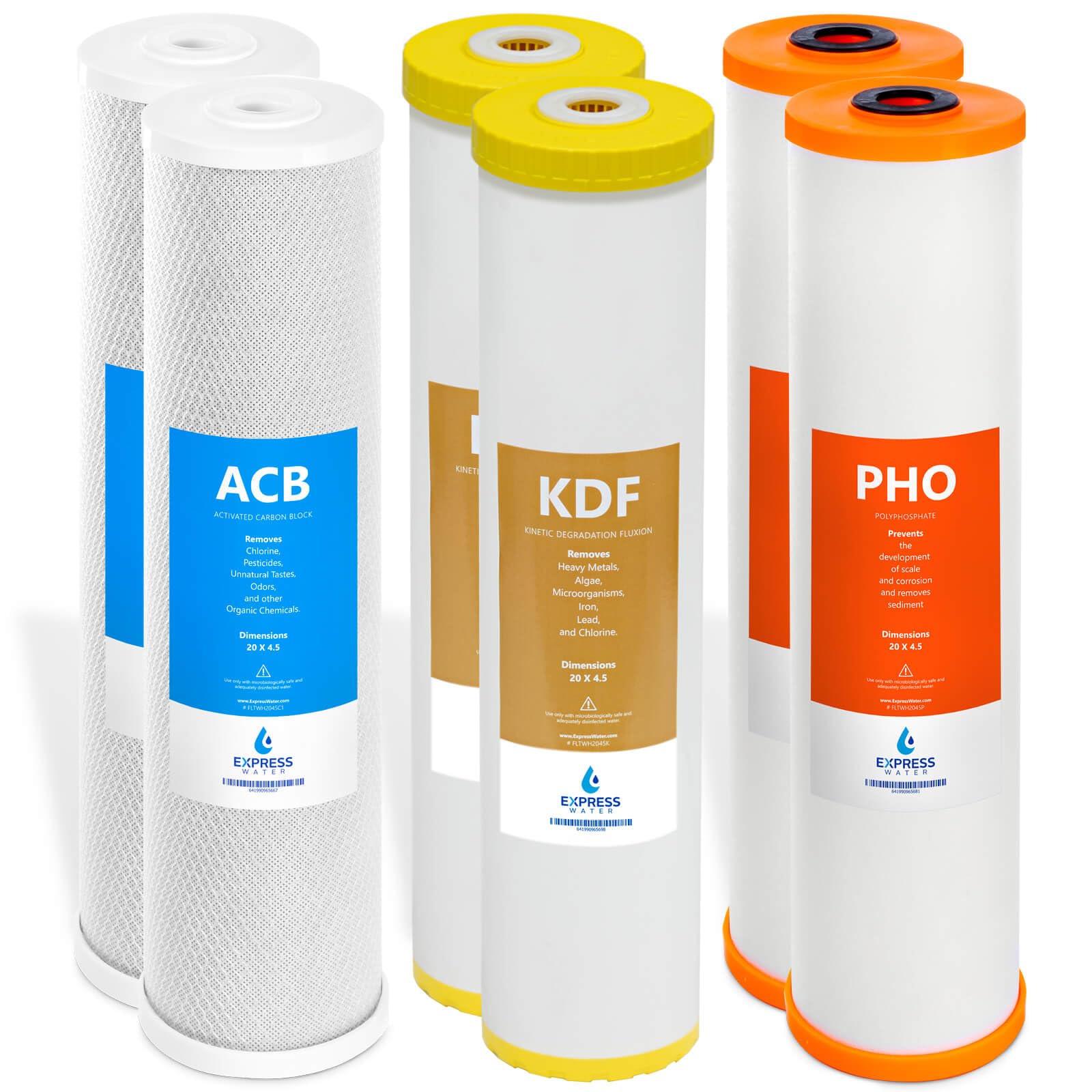 Express Water Whole House Heavy Metal Water Filter Set – 3 Stage Water Filtration Replacement Kit – Sediment, Carbon Block, KDF High Capacity Cartridge Filters – 5 Micron Water Filter 4.5” x 20” inch