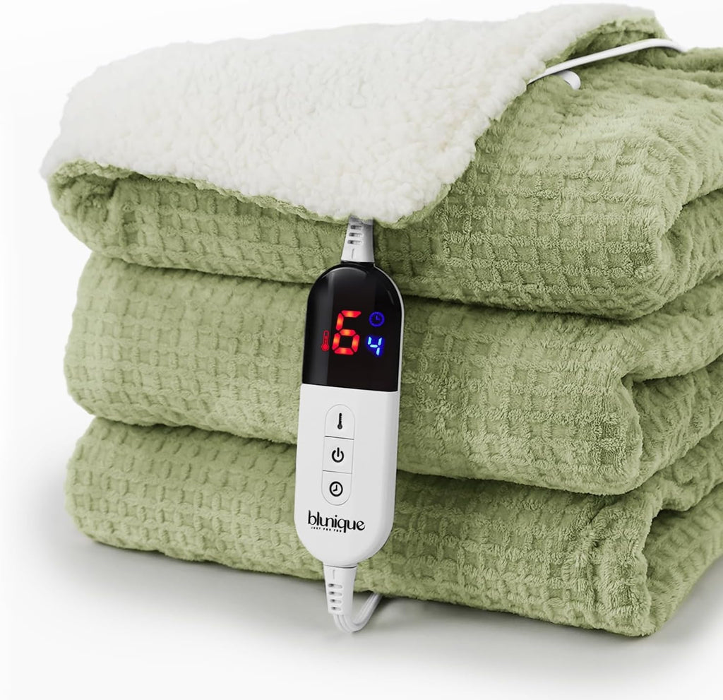 Heated Blanket Electric Throw Waffle, 50x60 Inches Sherpa Fleece Fast Heating Blanket 6 Heating Levels & 4 Hours Auto Off ETL Certification, Sage Green Throw