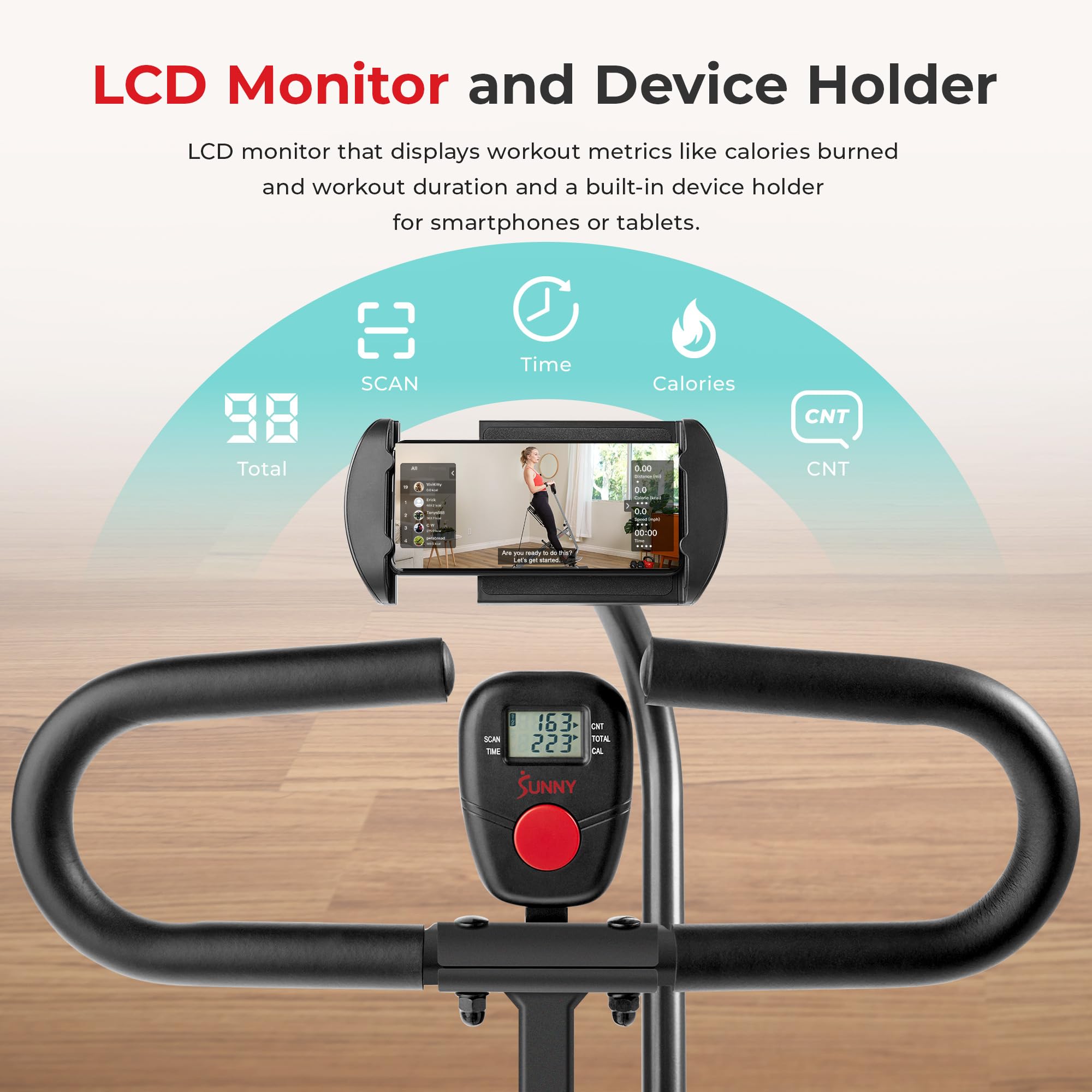 Sunny Health & Fitness Smart Upright Row-N-Ride Exerciser, Squat Assist Trainer for Glutes Workout with Adjustable Resistance, Easy Setup & Foldable, Glute & Leg Exercise Machine- NO. 077SMART