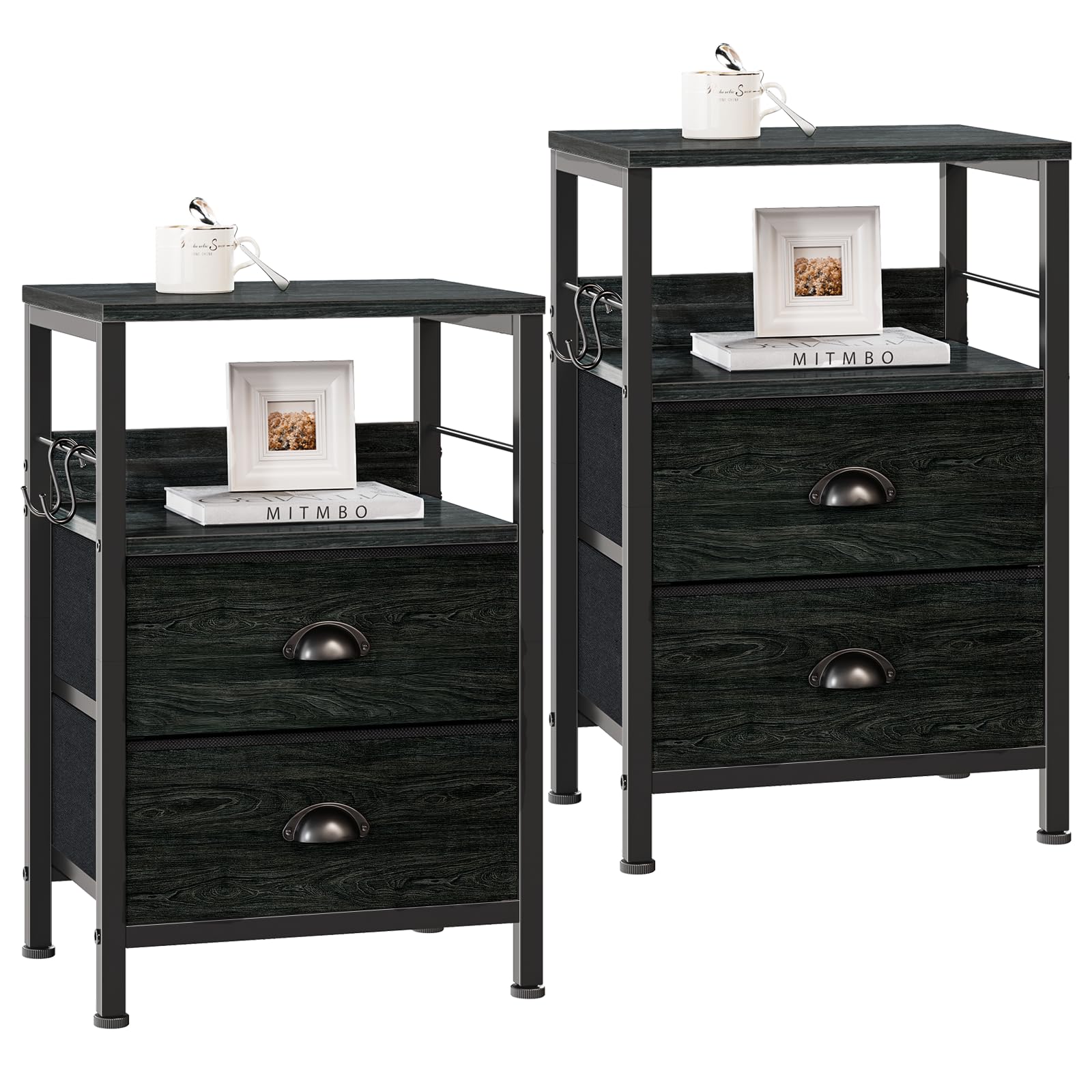 Furologee Nightstands Set of 2, End Table with 2 Fabric Drawers, Night Stand with 2 Hooks, Open Wood Shelf Bedside Table for Bedroom/Living Room/White