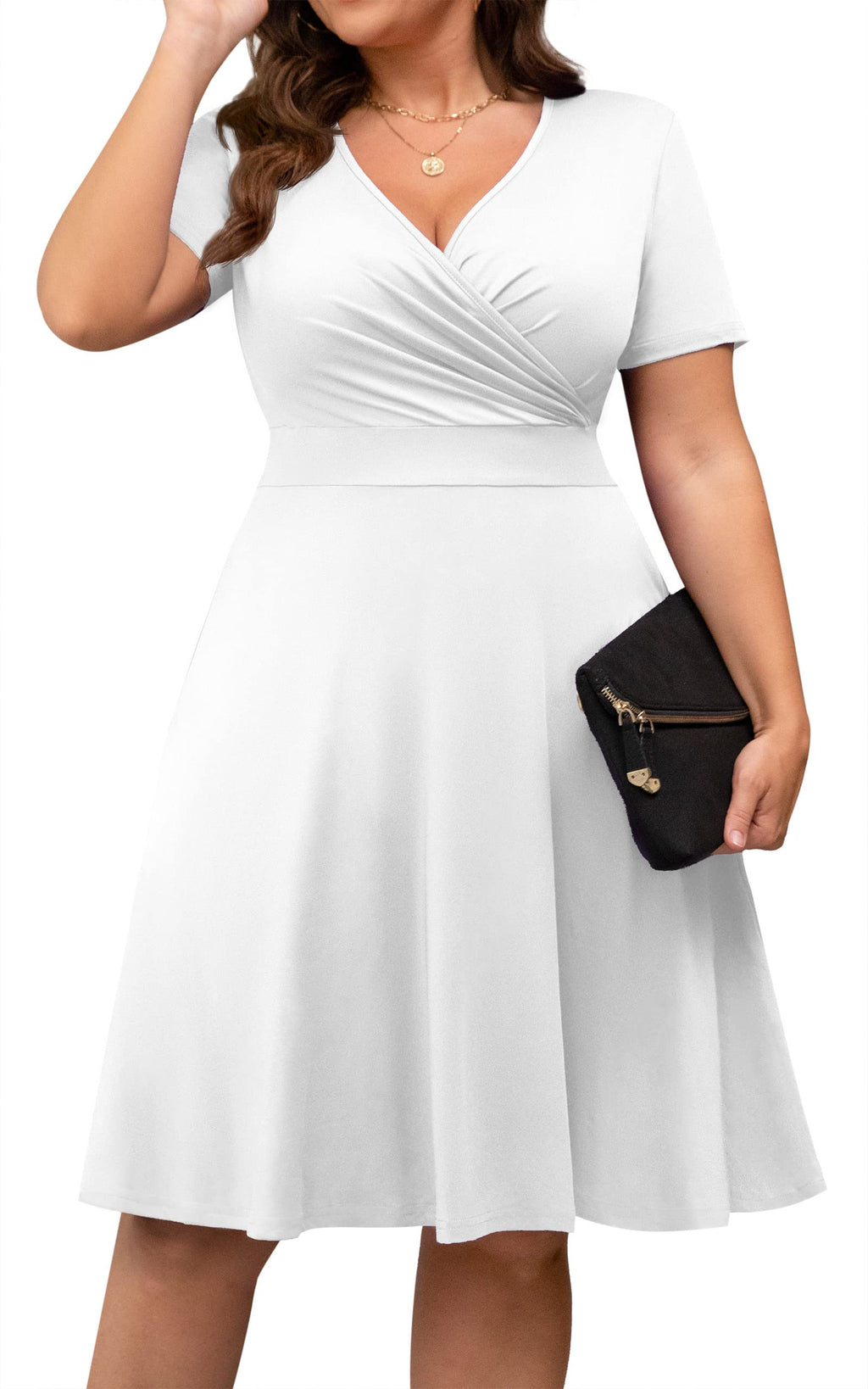 POSESHE Womens Plus Size White Dresses for Wedding Guest Casual Summer Short Sleeve Bridesmaid Cocktail Party Dress,White,2XL
