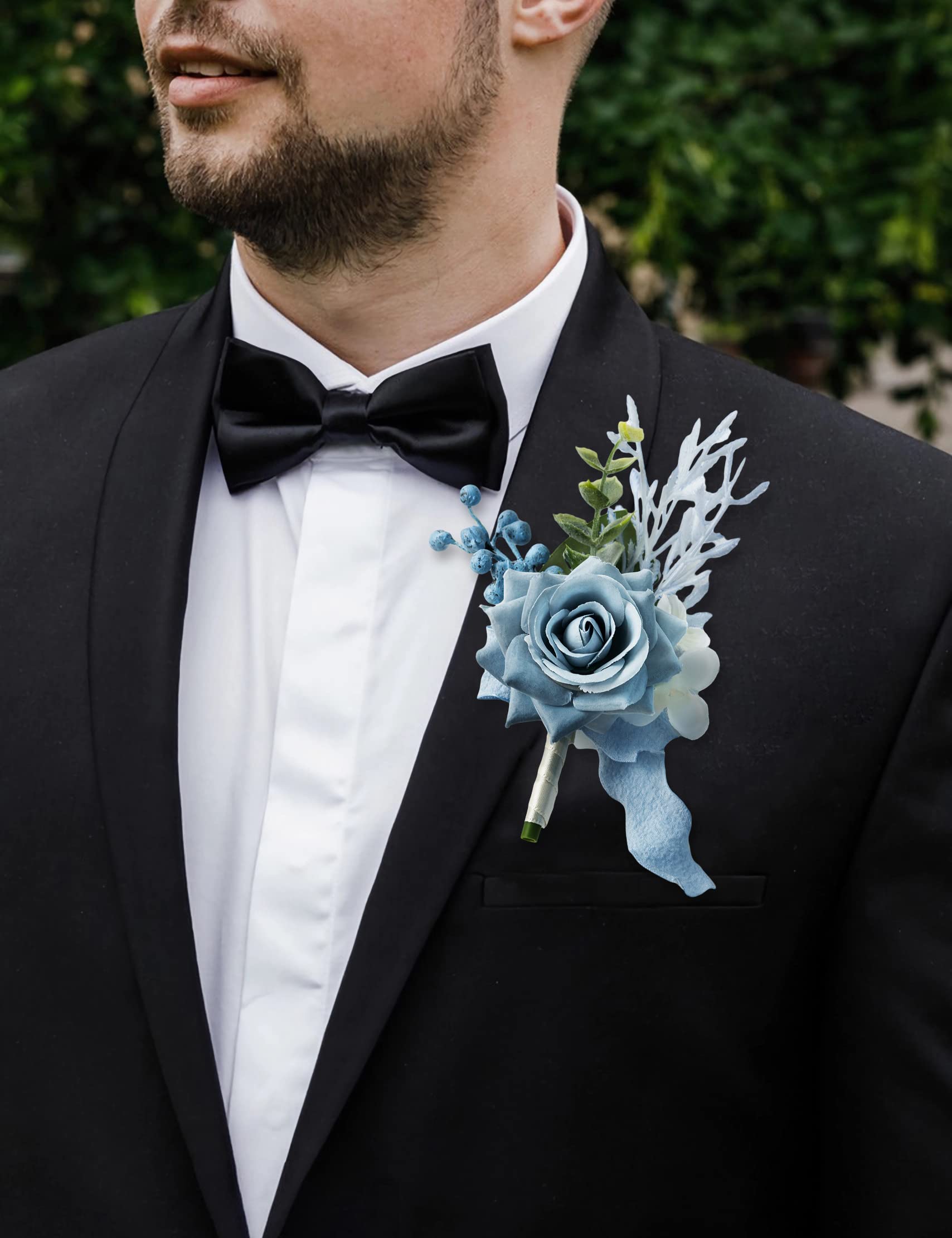 ست مچ‌بند و گل سینه YSOJMAN برای عروس، ساقدوش، مادر، مادربزرگ در جشن عروسی، گل‌های رز مصنوعی برای جشن عروسی، مجموعه ۲ عددی (آبی خاکستری)