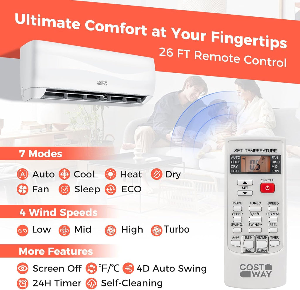 COSTWAY 12000BTU Mini Split Air Conditioner& Heater, 20 SEER2 115V Wall-Mounted Ductless AC Unit Cools Rooms up to 750 Sq. Ft, Energy Efficient Inverter AC with Heat Pump (Blast Series)