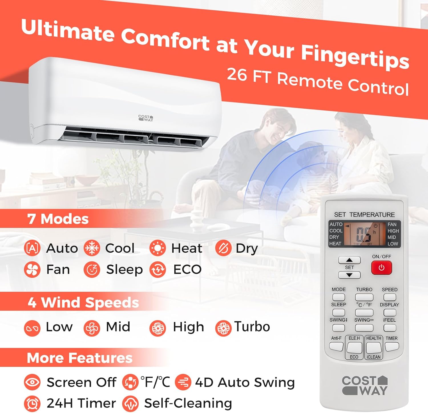 COSTWAY 12000BTU Mini Split Air Conditioner& Heater, 20 SEER2 115V Wall-Mounted Ductless AC Unit Cools Rooms up to 750 Sq. Ft, Energy Efficient Inverter AC with Heat Pump (Blast Series)