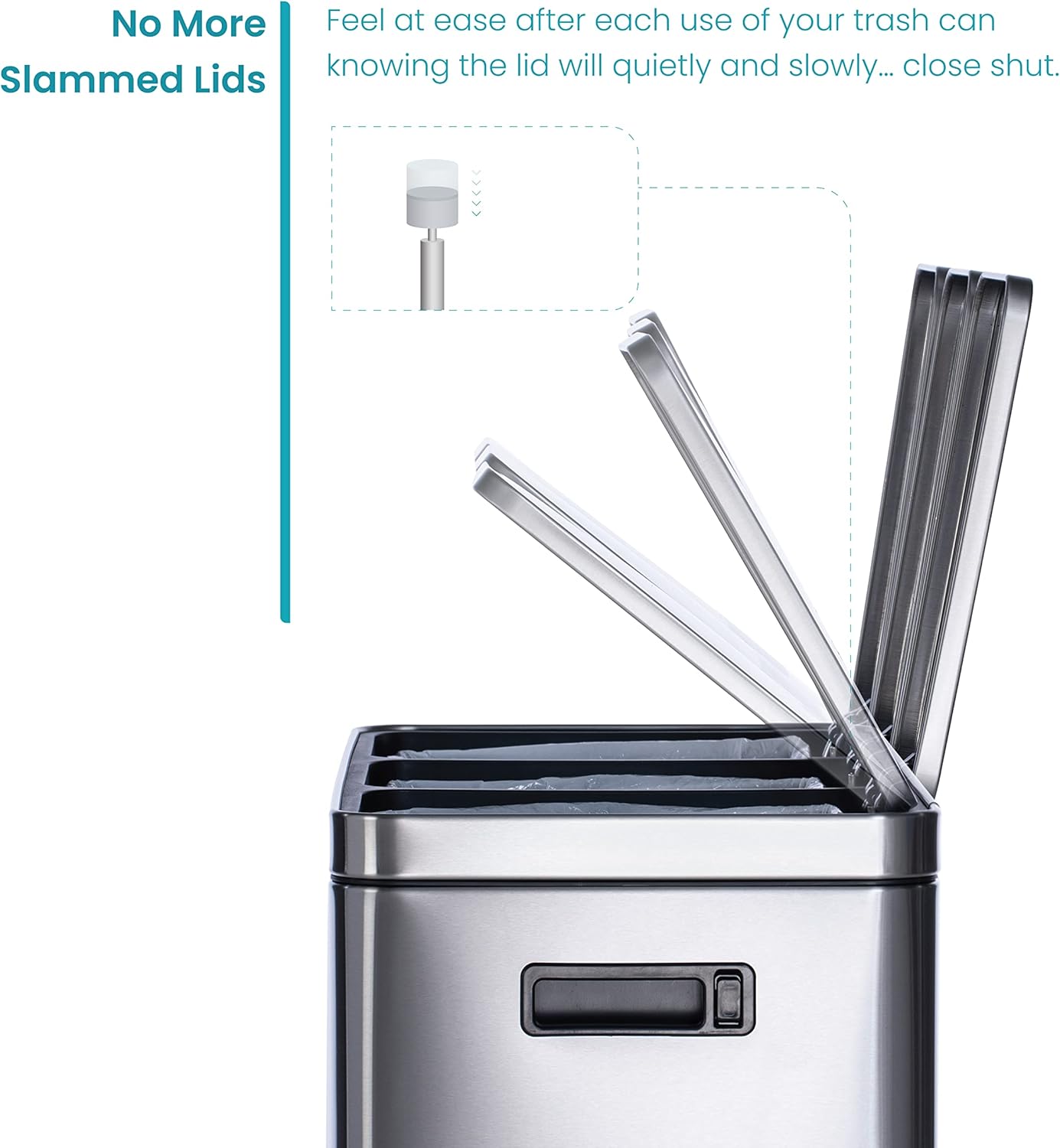 Home Zone Living 16 Gallon Large Kitchen Trash Can with Three Compartments for Recycling, Stainless Steel, Silver, 60 Liters Total