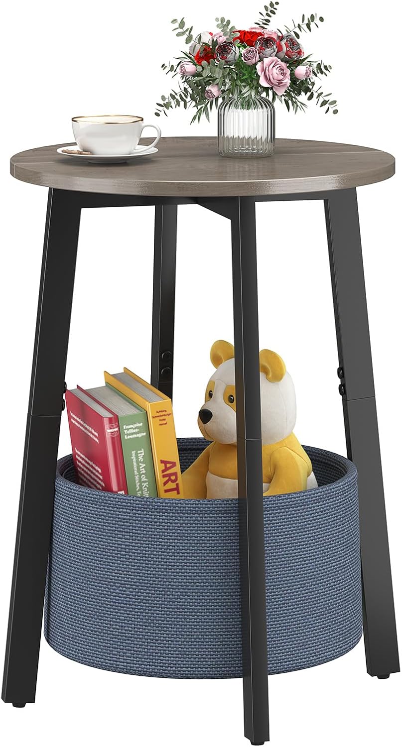 Small Round Side End Table with Cloth Storage Basket, Round Bedside Sofa Couch Coffee Tables for Small Places with Metal Frame, Modern Nighstands for Living Room Bedroom, Grey