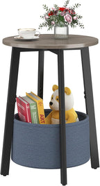 Small Round Side End Table with Cloth Storage Basket, Round Bedside Sofa Couch Coffee Tables for Small Places with Metal Frame, Modern Nighstands for Living Room Bedroom, Grey