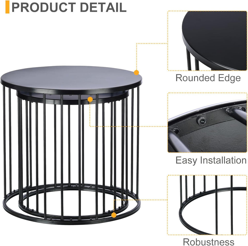 LEWIS&WAYNE Outdoor Side Table Set of 2, Metal Circle Accent End Tables for Balcony Backyard Garden Indoor Living Room, Durable Black Nesting Coffee Tables, 20”+16” Dia