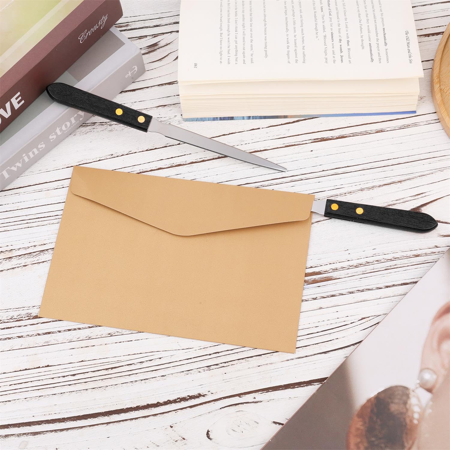 2pcs Letter Openers, Stainless Steel Envelope Openers Metal Mail Opener Tool with Wooden Handle Portable Sharp Envelope Slitter Package Wrapping Paper Cutter Knife for Home Office School Work Uses