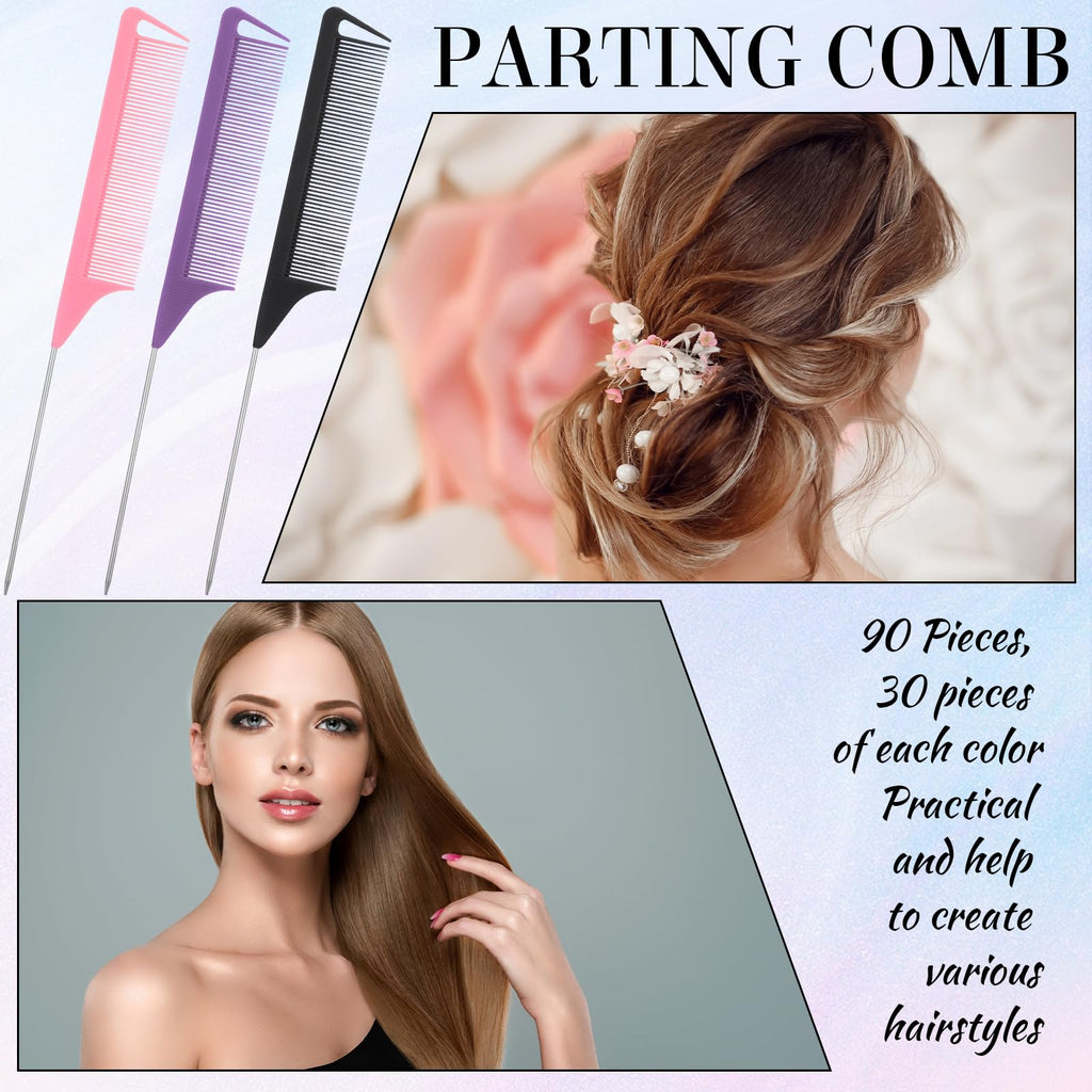 Uiifan 90 Pcs Hair Rat Tail Combs Metal Long Steel Pin Parting Comb Carbon Fiber Teasing Detangling Fine Tooth Comb for Braids Women Men Salon Hair Stylist, Black, Purple and Pink