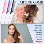 Uiifan 90 Pcs Hair Rat Tail Combs Metal Long Steel Pin Parting Comb Carbon Fiber Teasing Detangling Fine Tooth Comb for Braids Women Men Salon Hair Stylist, Black, Purple and Pink