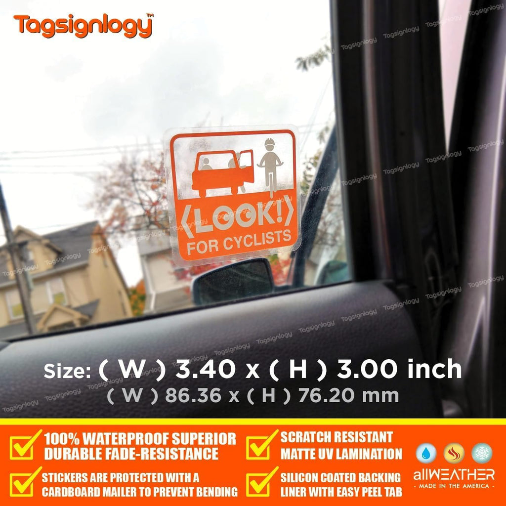 (4 pcs) Look for Cyclists - UV Weatherproof Clear Sticker - for Passenger Bicycle Bike Driver Safety Caution Sign - Taxi Car Open Door Window Cling Transparent Waterproof Vinyl Decals