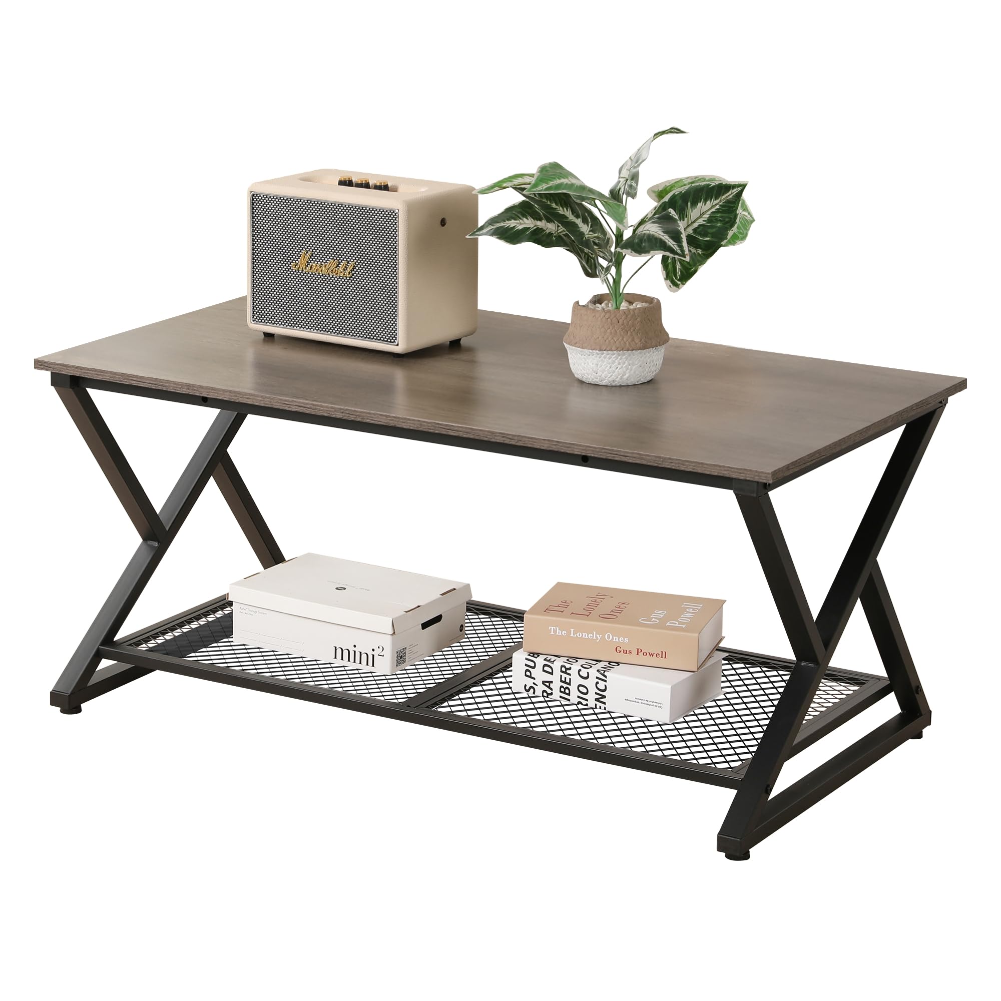 SENIG Small Brown Rectangle Wood and Metal Coffee Table with Storage Shelf for Small Living Rooms