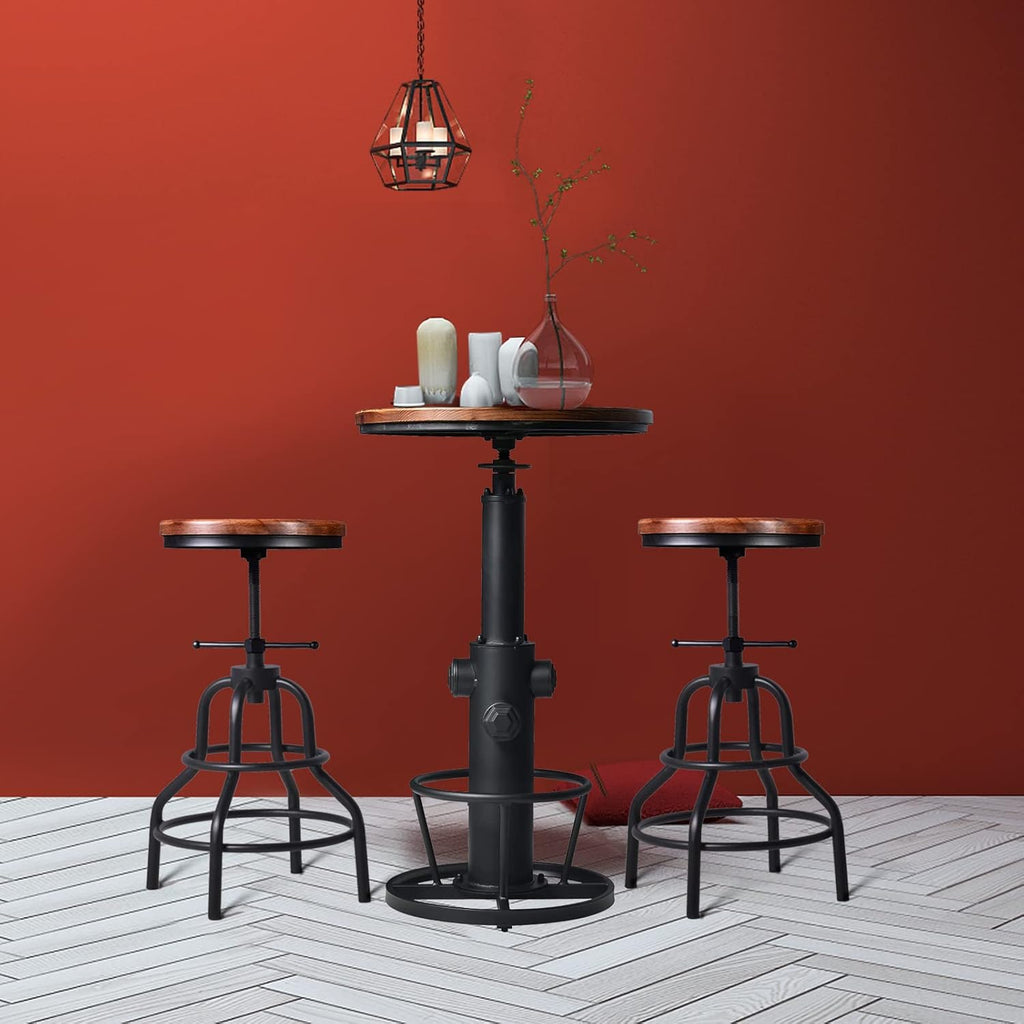 LOKKHAN Industrial Bar Table 38.6"-48.4" Height Adjustable Swivel Round Wood Tabletop 23.7" Dia, Kitchen Dining Office Coffee Bistro Pub Table