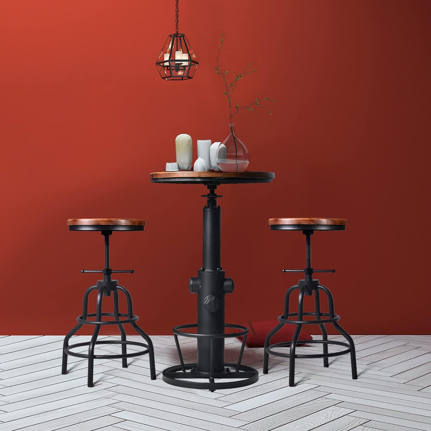 LOKKHAN Industrial Bar Table 38.6"-48.4" Height Adjustable Swivel Round Wood Tabletop 23.7" Dia, Kitchen Dining Office Coffee Bistro Pub Table