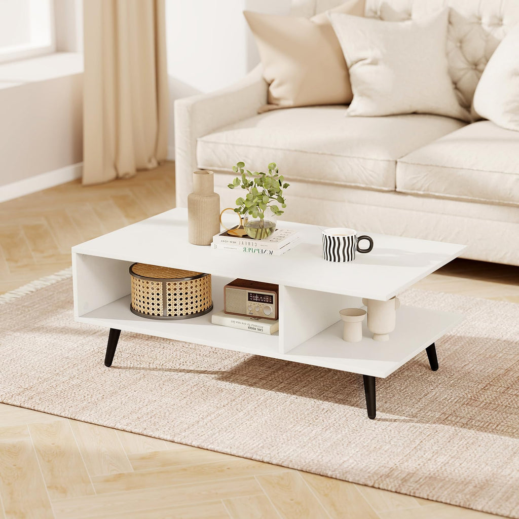 GOFLAME Wood Coffee Table, 2-Tier Mid Century Modern Center Table with 2 Open Storage Compartments & Metal Legs, Rectangular Accent Tea Tables for Living Room, Home Office, Apartment (Rustic Brown)