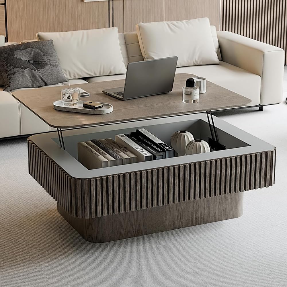 Lift Top Coffee Table with Storage for Living Room Mid Century Modern Coffee Table with Lifting Top Wood Fluted Coffee Tables with Lifts Up Tabletop for Home Apartment Office 38.6" Walnut Rectangle