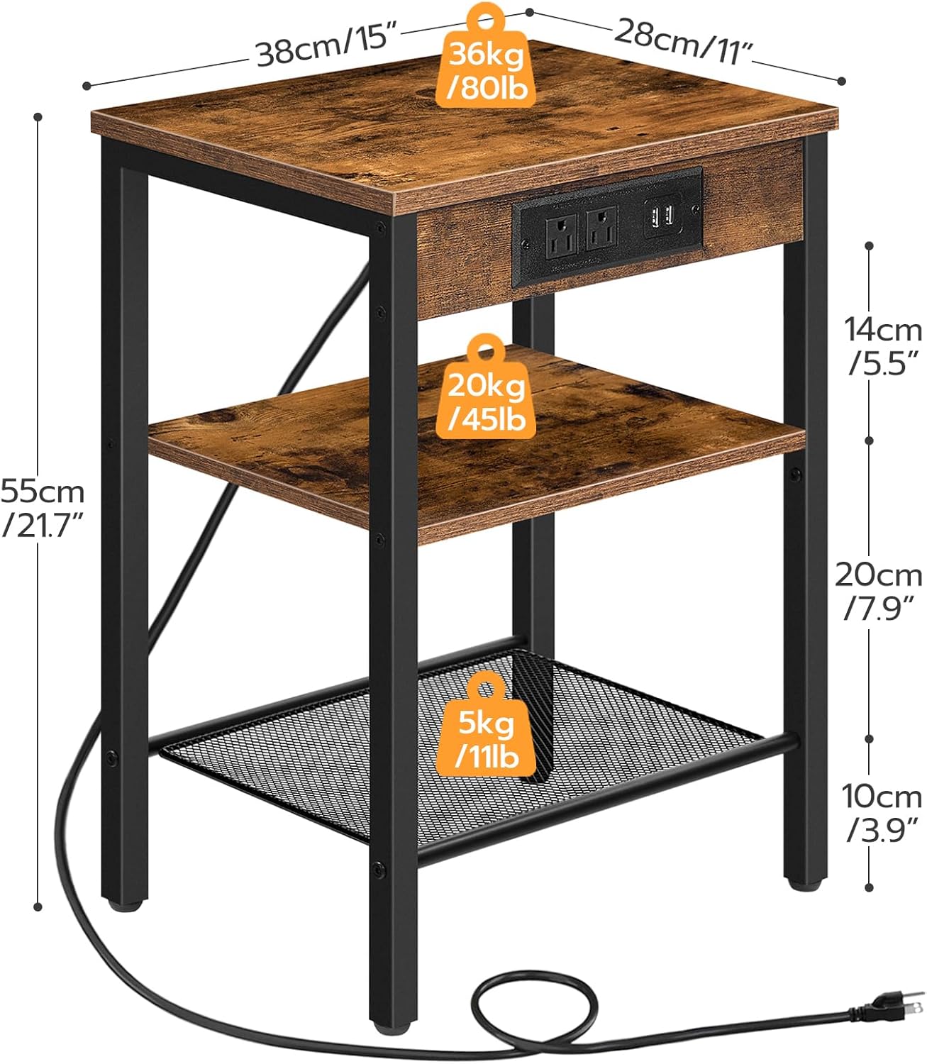 HOOBRO Side Table with Charging Station and USB Ports, Small End Table for Small Space, 3-Tier Nightstand with Adjustable Shelf, for Living Room, Bedroom and Balcony, Rustic Brown BF112BZ01