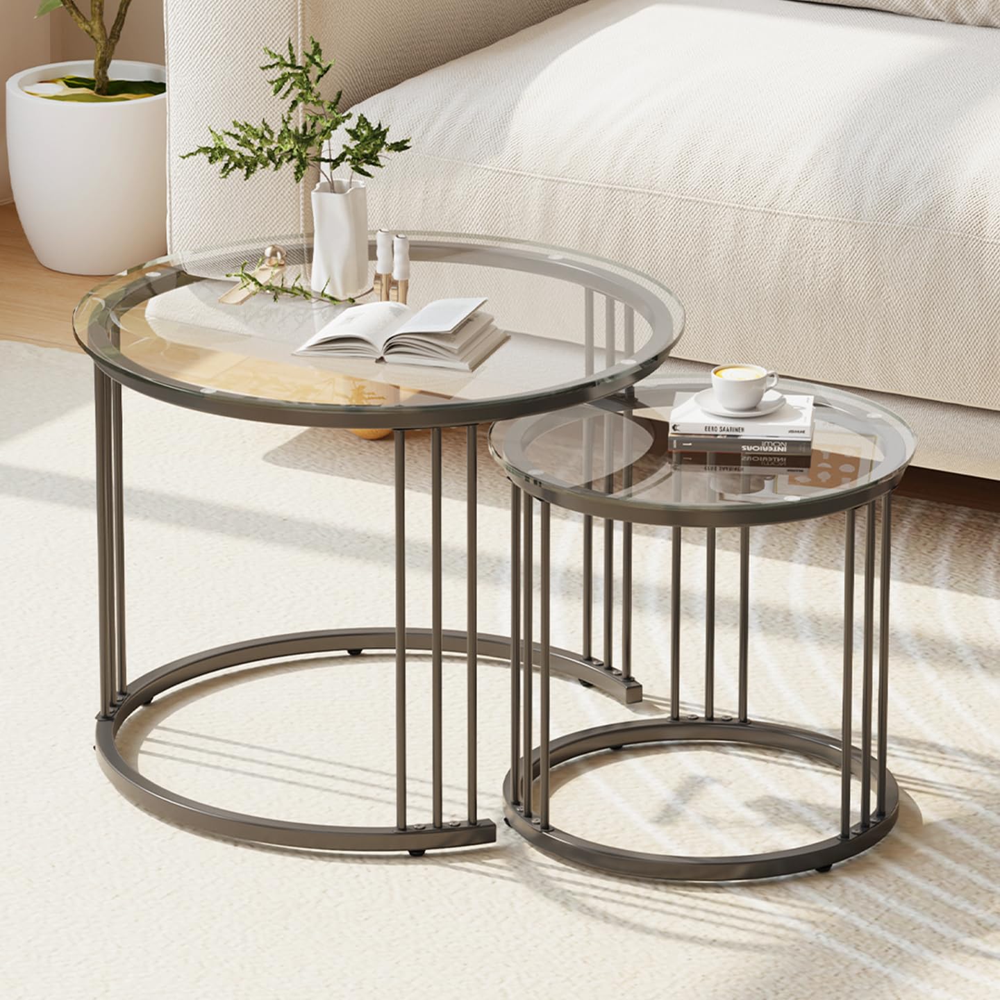 Garden 4 you Nesting Coffee Table, 23.6" Round Coffee Table Set of 2, Glass Nesting Table with Metal Frame, Ceter Tables for Living Room Bedroom Balcony, Gold