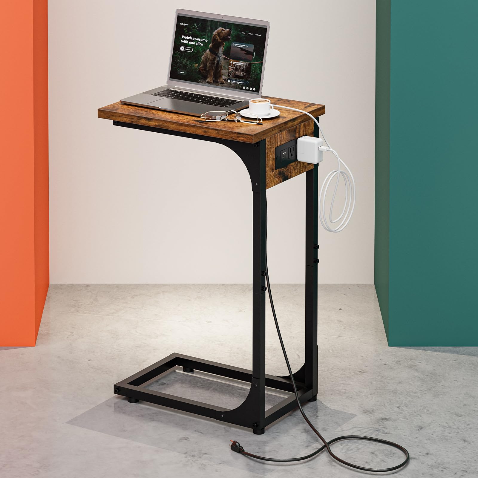 C-Shaped Side Table for Couch - Small Coffee Stand Sofa Tray Desk with Metal Frame and Waterproof Scratch Resistant, Modern End Accent for Living Room, Bedroom, Small Spaces, Rustic Brown