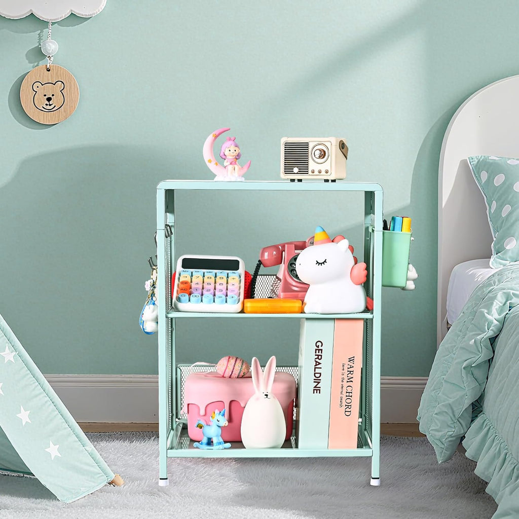 Mint Green Nightstand, End Table with Hooks and Holder, Kids Nightstand for Bedroom, Toddler Bedside Table, Small Desk for Girls, Coffee Table for Living Room, Dorm, Office (Mint)