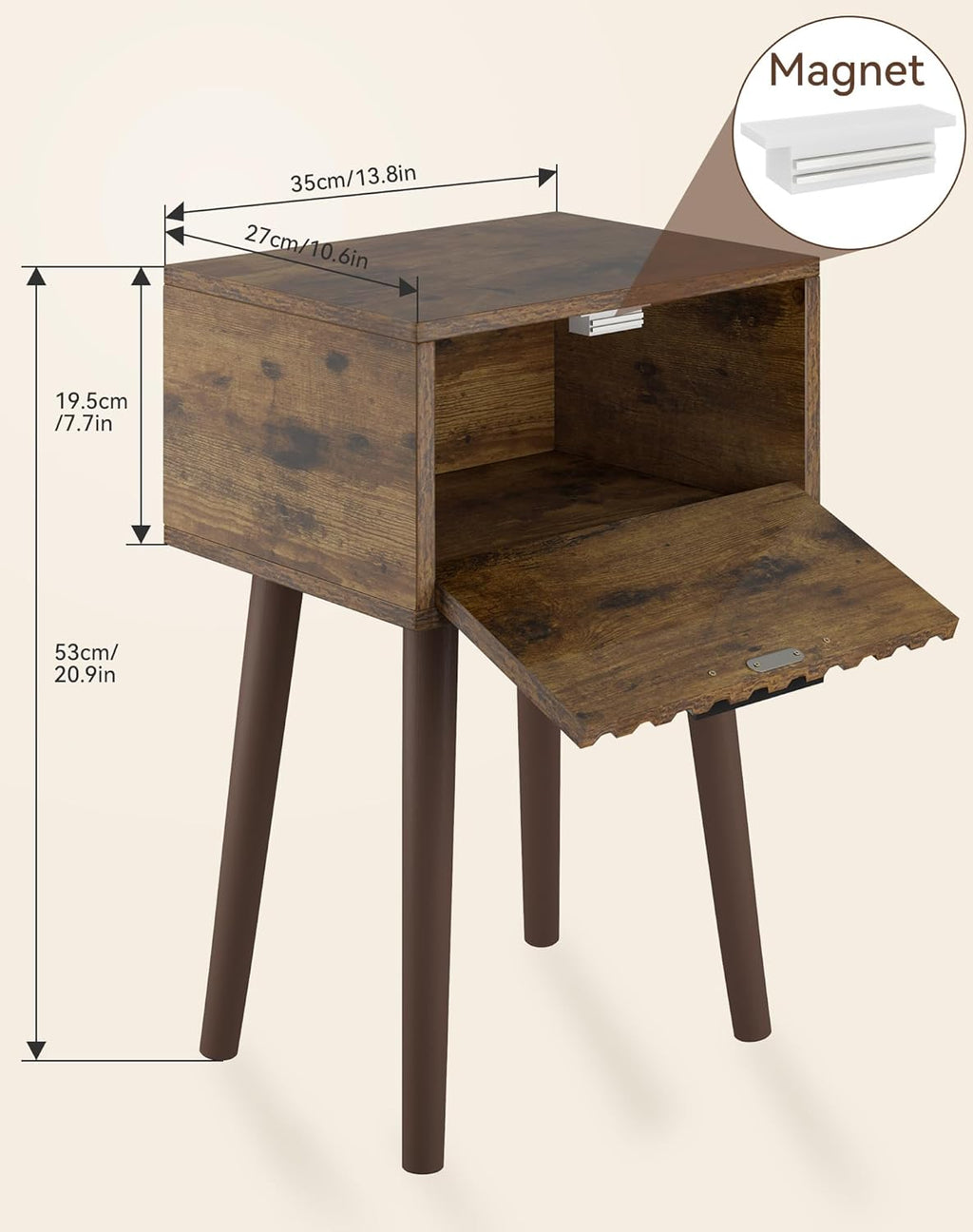 YMYNY Fluted Nightstand, Small End Table, Modern Coffee Table with Drawer, Solid Wood Legs, 13.8" x 10.6" x 20.9", for Bedroom and Small Spaces, Rustic Brown UHST014H-2