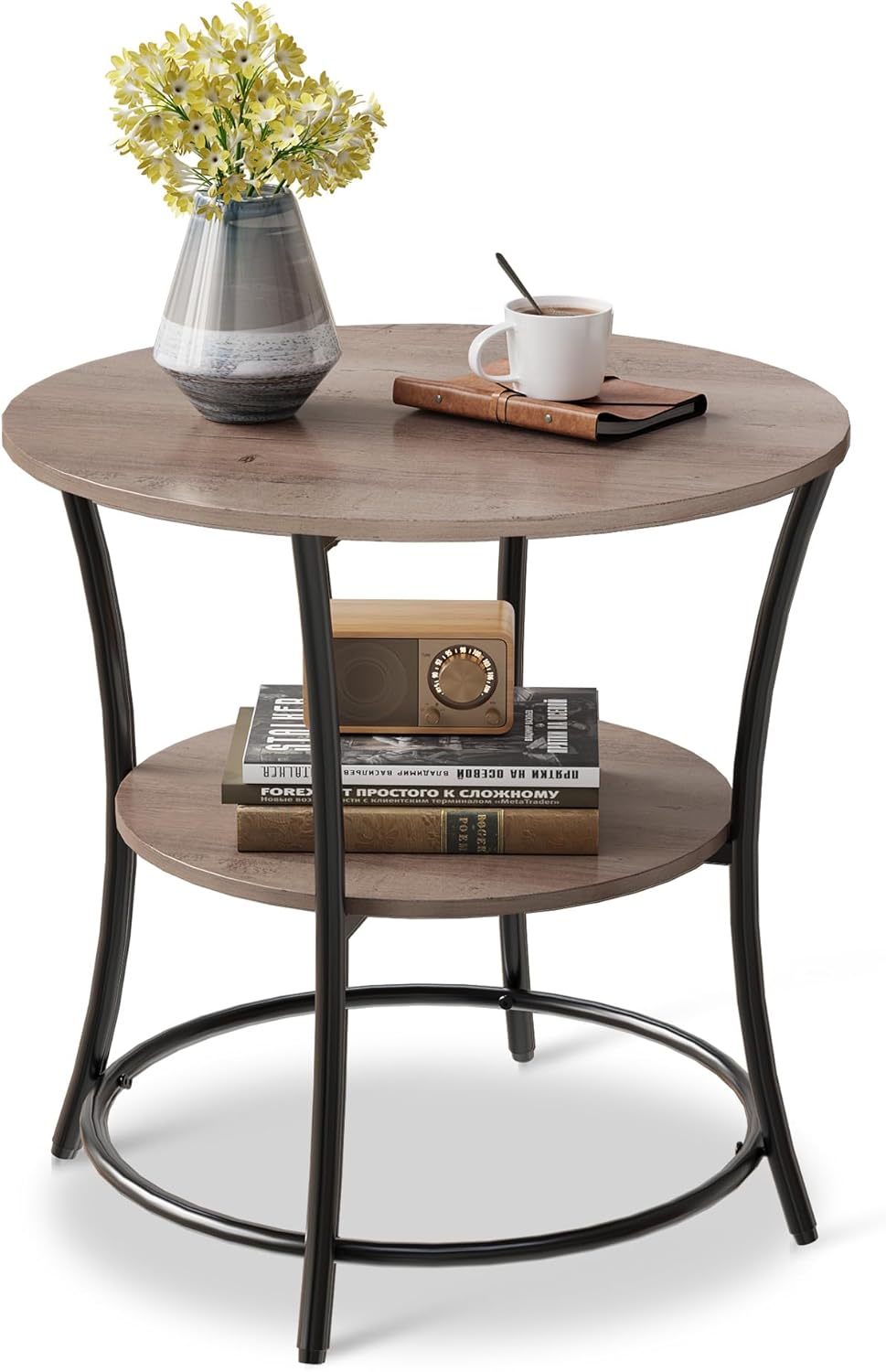 WLIVE Side Table, Round End Table with 2 Storage Shelves for Living Room, Bedroom, Nightstand with Steel Frame for Small Spaces, Accent Coffee Table, Greige