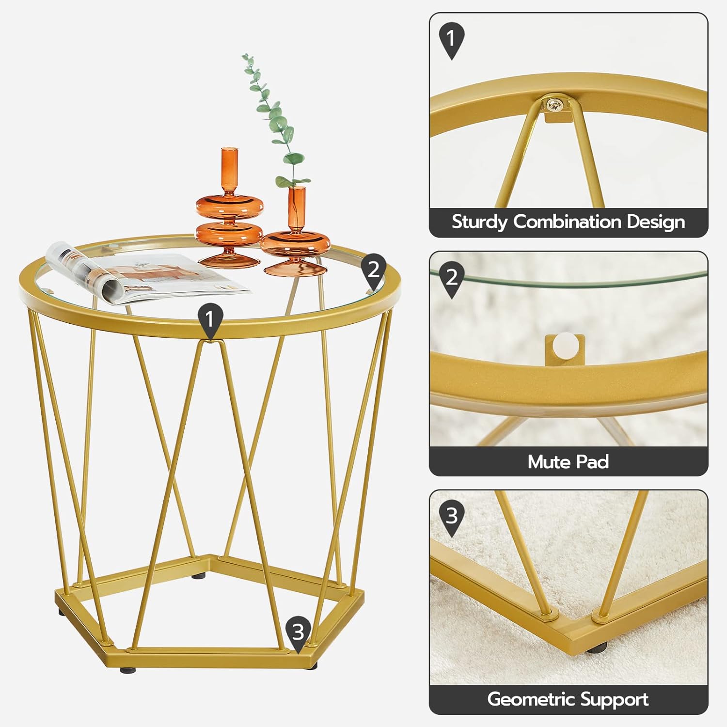 HOOBRO Small Coffee Table Set of 2, Round Coffee End Table with Metal Frame, Glass Top, Gold Side Table for Living Room, Bedroom and Balcony, Modern Style, Gold GD79BZ01
